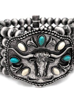 NWT Longhorn Western Trophy Buckle Turquoise White Bead Stretch Bracelet Silver